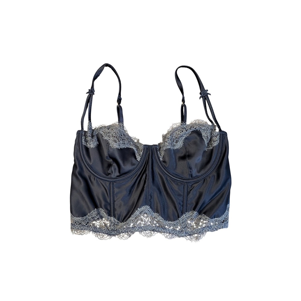Victoria's Secret Bustier Top Womens 34C Navy Blue Lace Trim Balconet Corset
